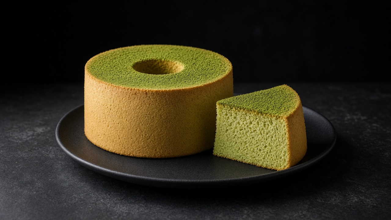 A matcha chiffon tube cake with a slice showing the green crumb on a black plate on dark slate.
