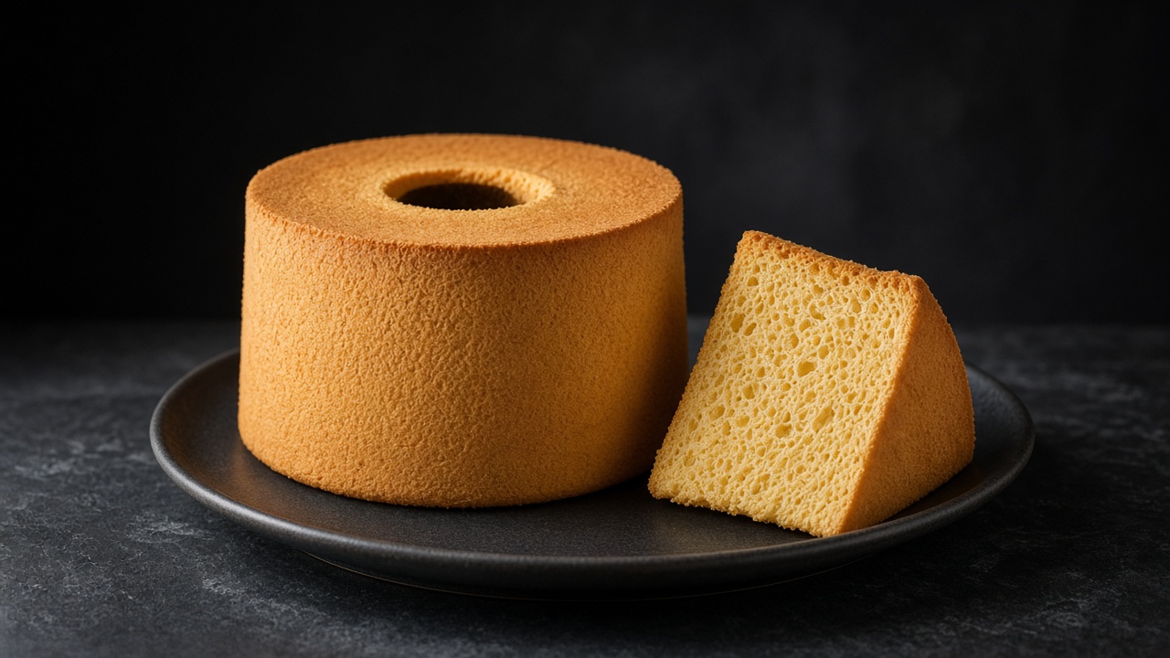 A tall golden chiffon tube cake with a slice showing the light, airy crumb on a black plate on dark slate.