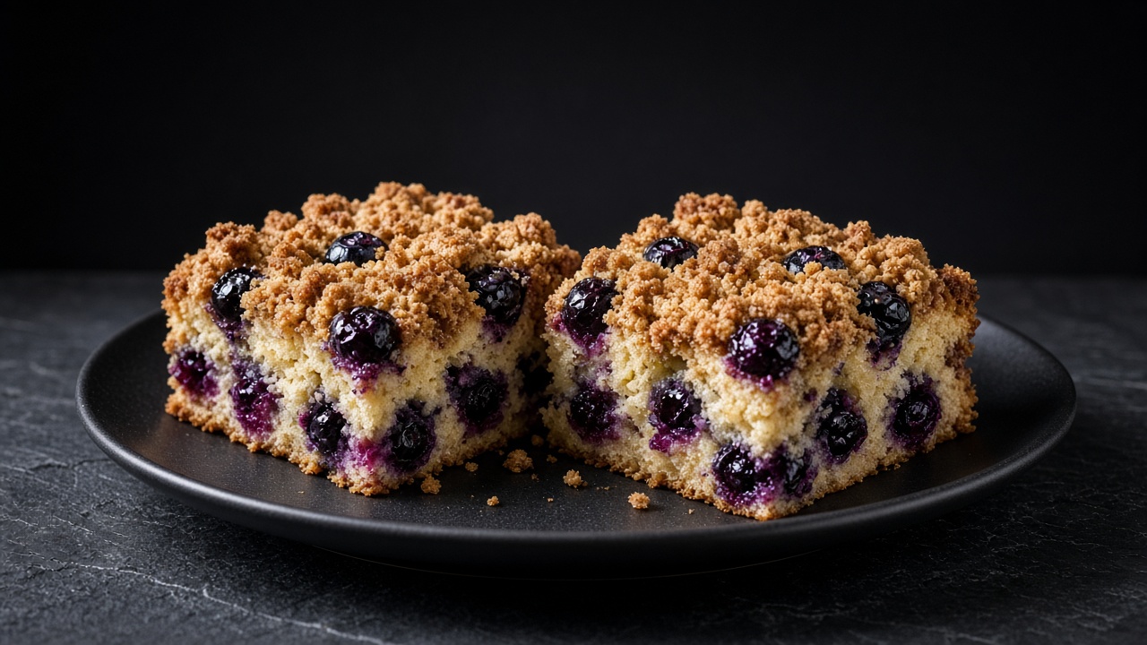 Two squares of blueberry coffee cake studded with berries under a crumb topping on a black plate on dark slate.