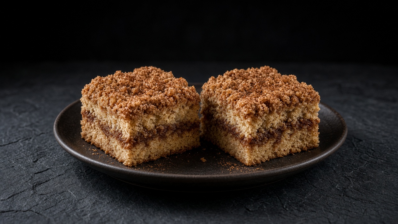 Two squares of cinnamon streusel coffee cake with a streusel layer through the middle and on top on a black plate on dark slate.