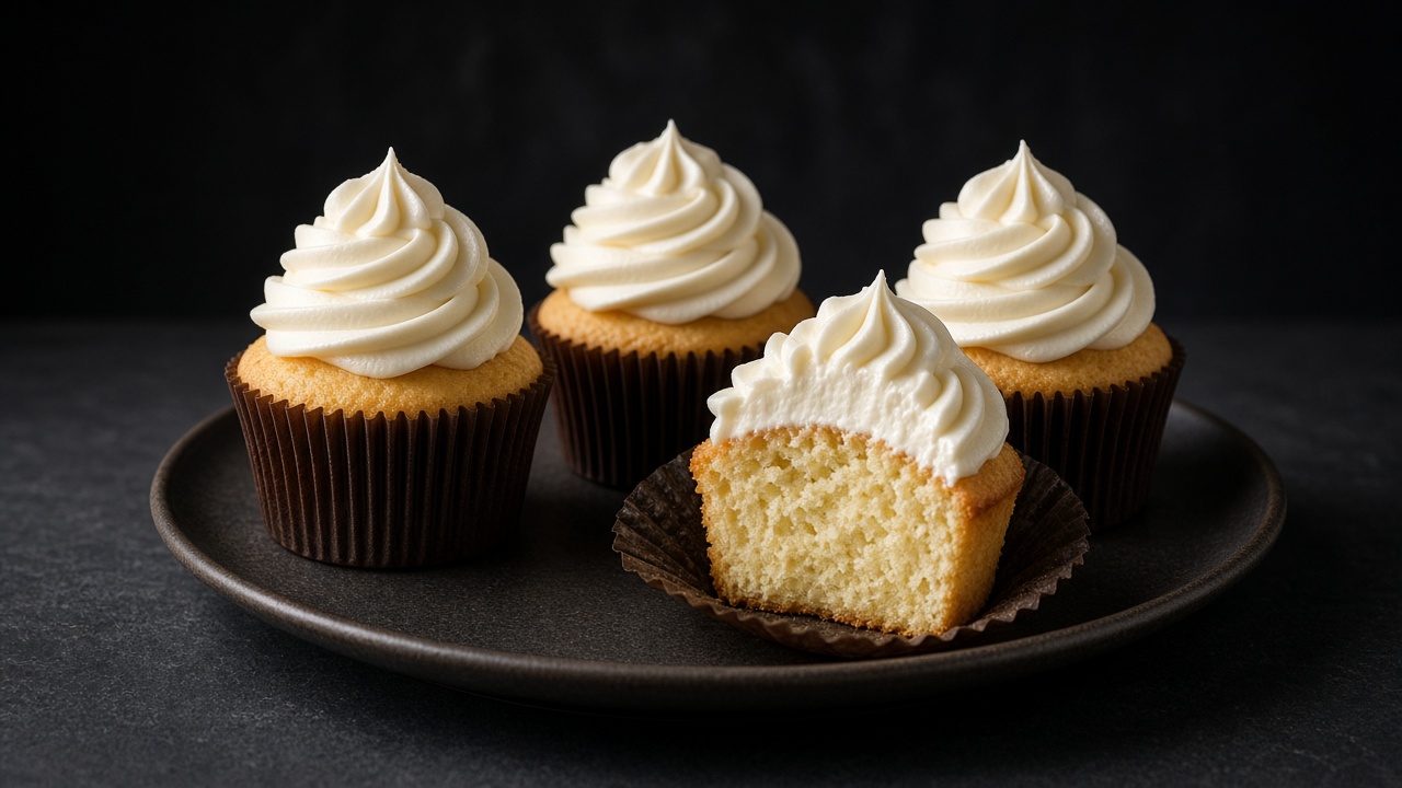 Vanilla cupcakes with tall swirls of white buttercream, one unwrapped to show the crumb, on a black plate on dark slate.