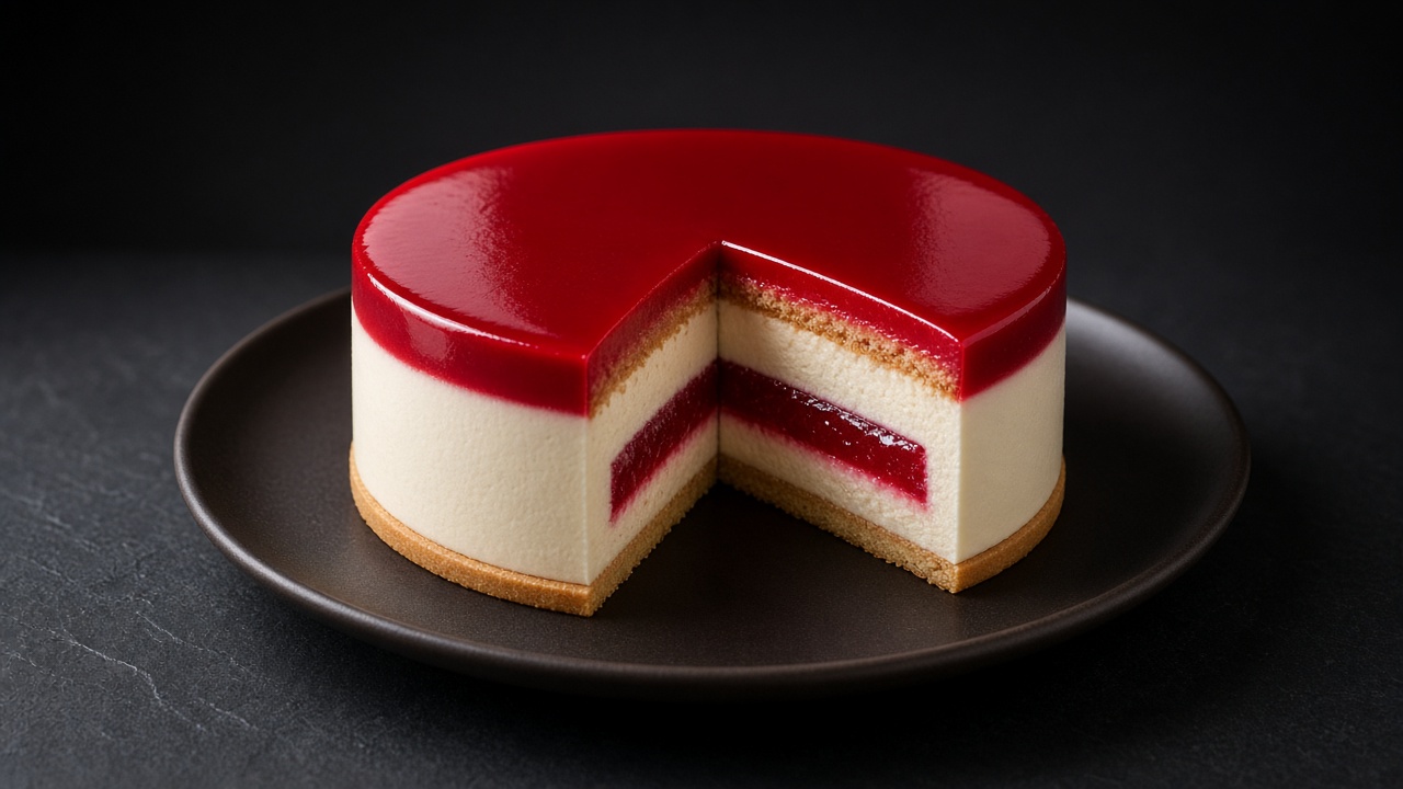 A round mousse cake with a glossy red glaze, a slice cut to show cream mousse, a red fruit layer and a sponge base on a black plate on dark slate.
