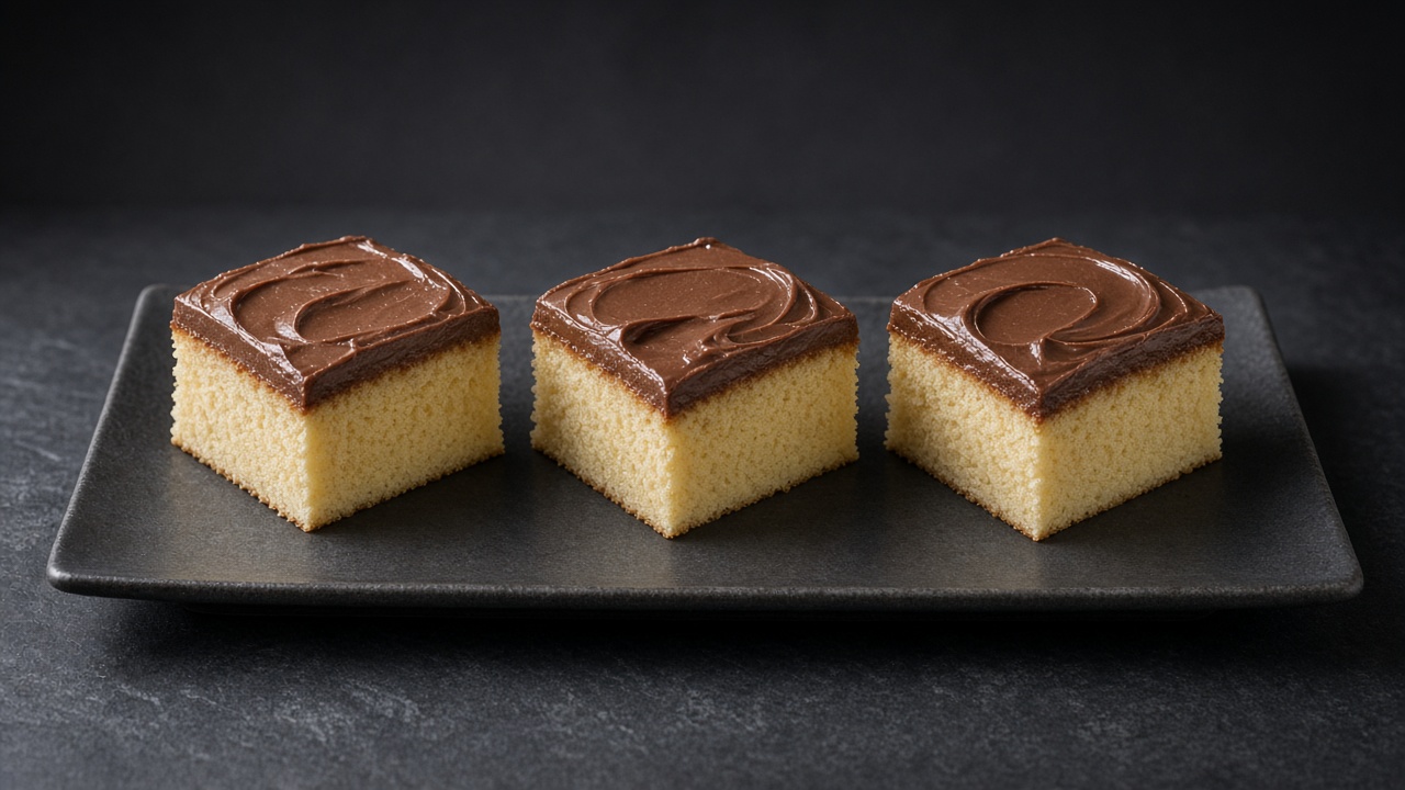 Three squares of yellow sheet cake with swirled chocolate frosting on a black rectangular plate on dark slate.