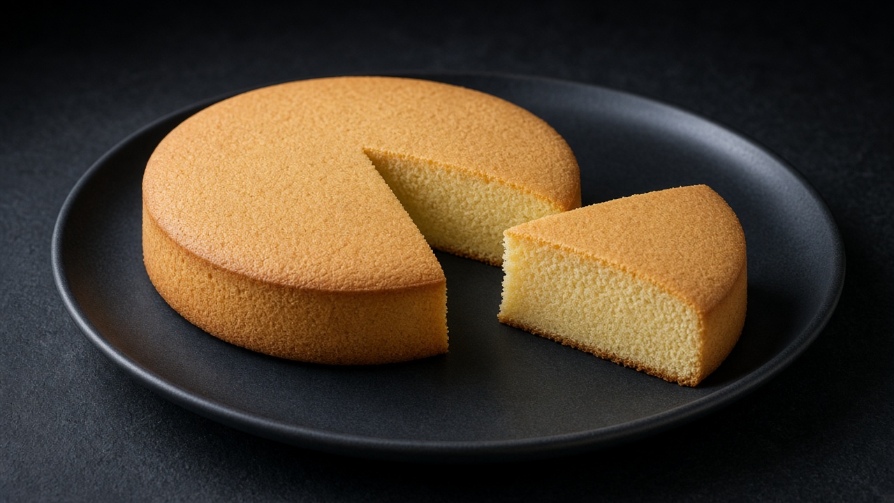 A round golden genoise sponge with a wedge cut out, showing its fine, even crumb on a black plate on dark slate.