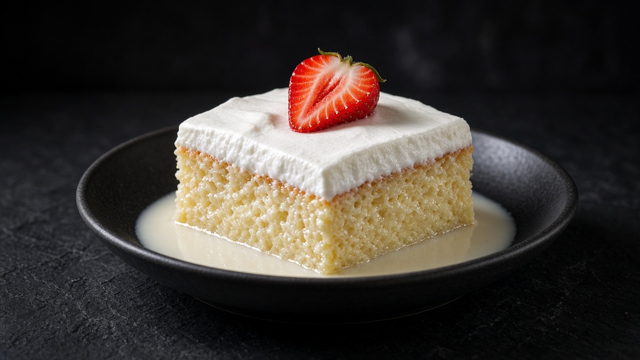 A square of tres leches cake with whipped cream and a strawberry, sitting in a pool of milk in a black bowl on dark slate.