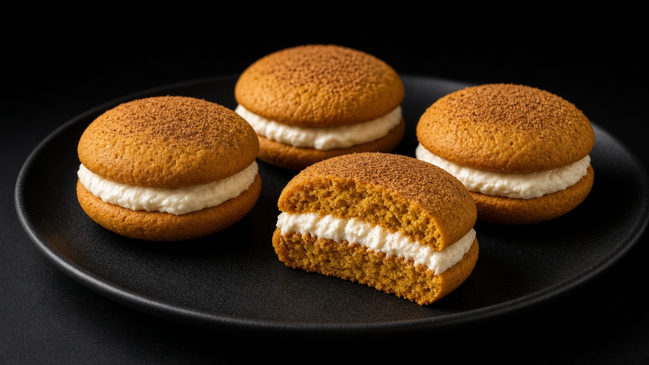 Pumpkin whoopie pies sandwiched with cream cheese filling, one cut in half on a black plate on dark slate.