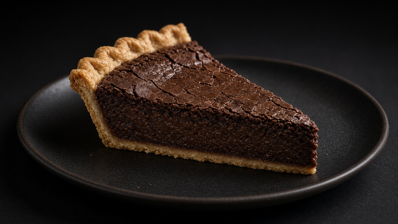 A chocolate chess pie with a crimped crust and a dark fudgy filling with a crackled top.