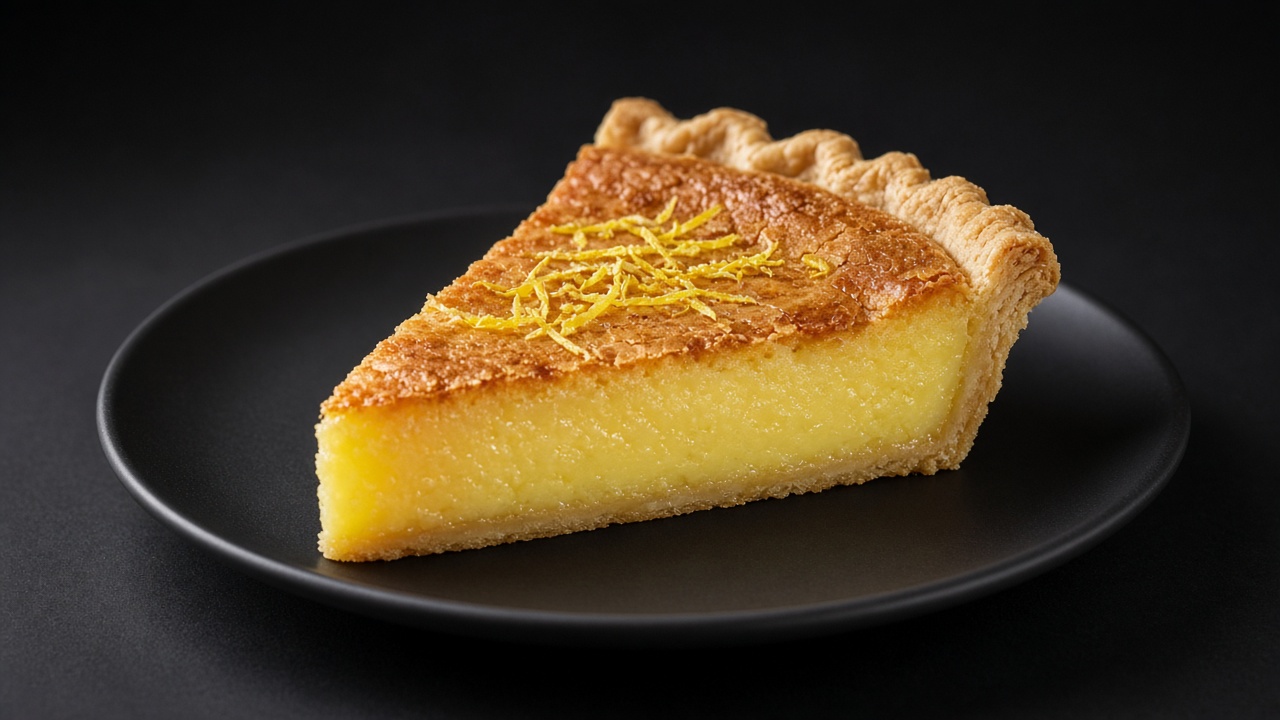 A lemon chess pie with a crimped crust, bright yellow filling, golden top and fine lemon zest strands.