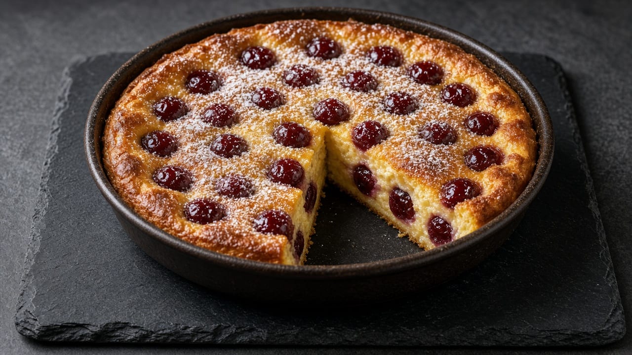 A round dish of clafoutis with whole dark cherries set in puffed golden batter, dusted with icing sugar, one slice cut out.