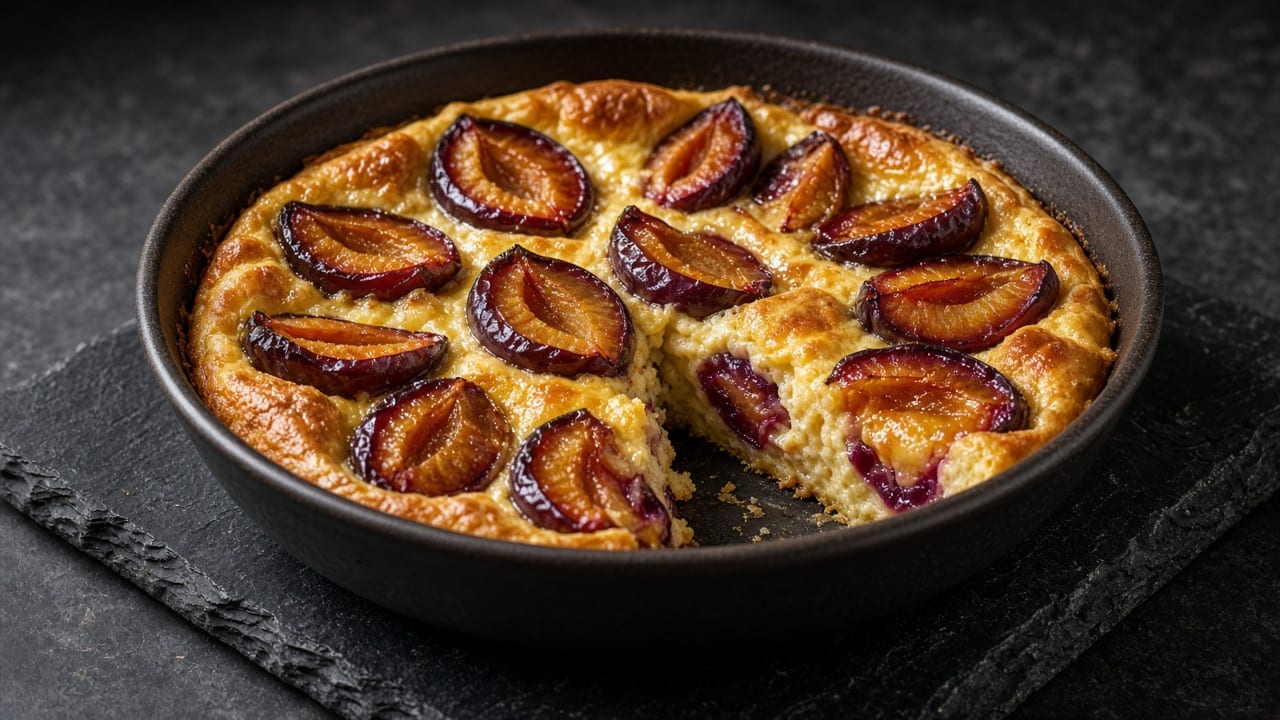 A round dish of halved purple plums cut side up in a caramelised custard batter.