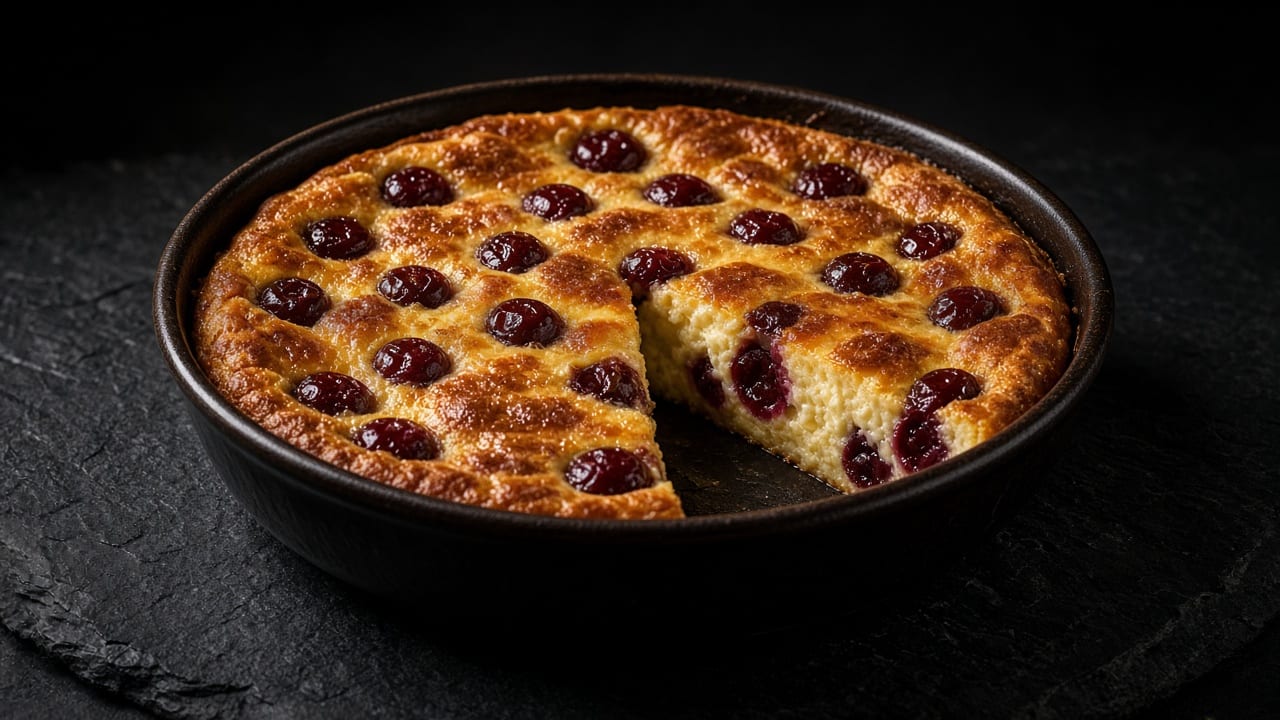 A round pan of puffed golden cherry clafoutis dotted with dark cherries, with one wedge cut out.