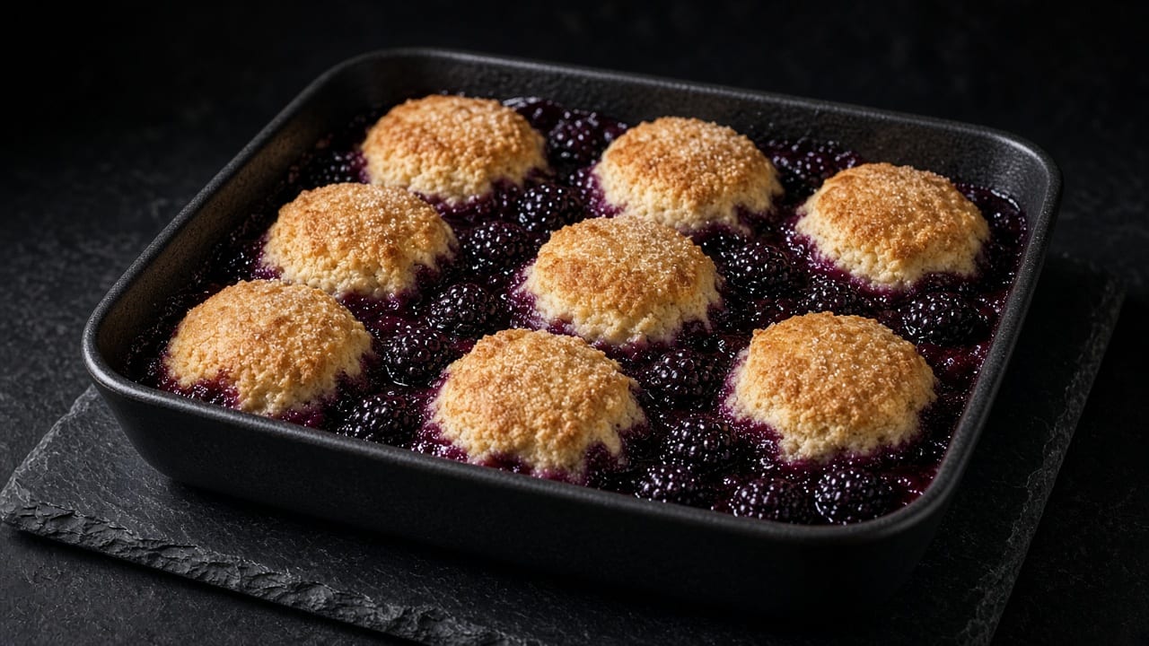 A rectangular baking dish of dark blackberries with spaced golden biscuit domes.