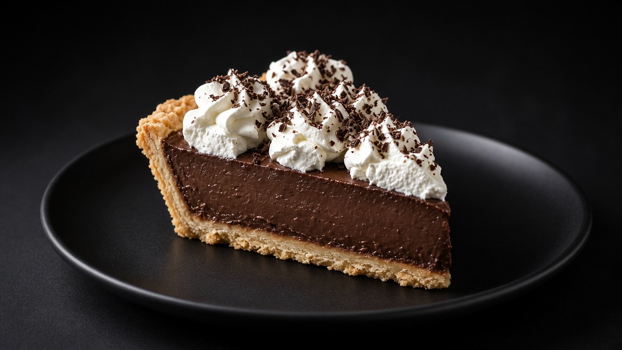A chocolate cream pie in a crimped pastry crust with a dark pudding filling, whipped cream rosettes and chocolate shavings.