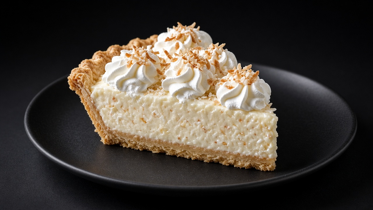 A coconut cream pie with a pale custard filling under whipped cream sprinkled with toasted coconut shreds, in a crimped crust.