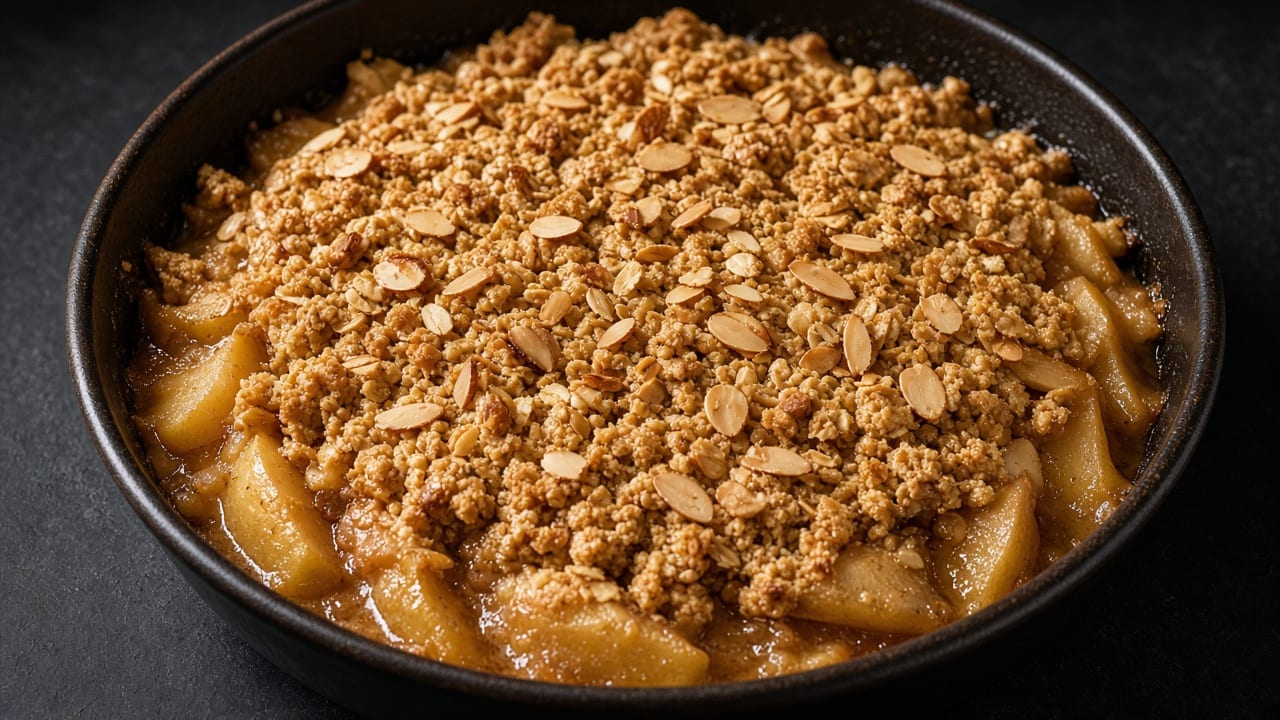 Apple slices under a golden oat and brown sugar crisp studded with sliced almonds.