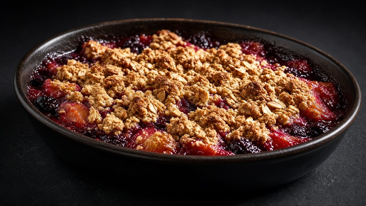 Dark mixed berries bubbling under a golden oat crumb crisp in a baking dish.