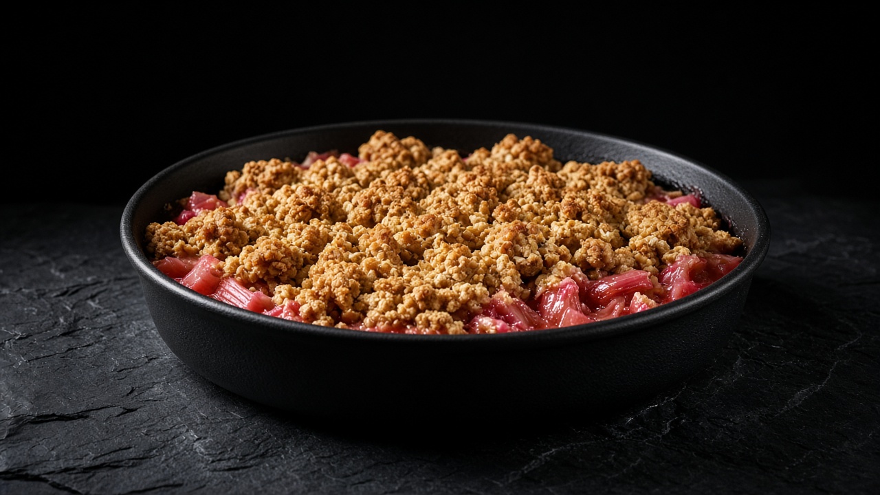 A baking dish of pink rhubarb pieces peeking through a golden buttery crumble topping.