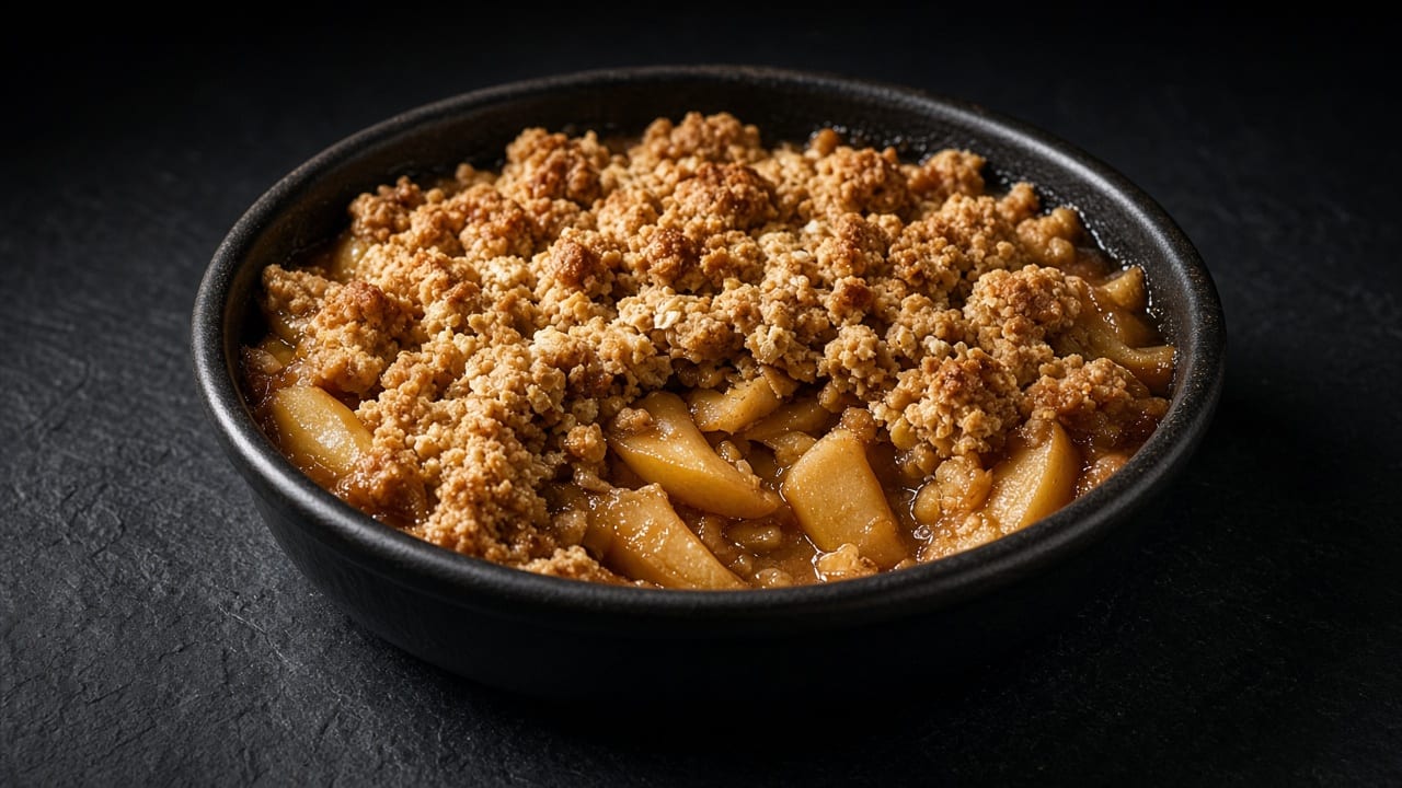 A round dark baking dish of tender apple chunks under a golden, clumpy oat crumble.