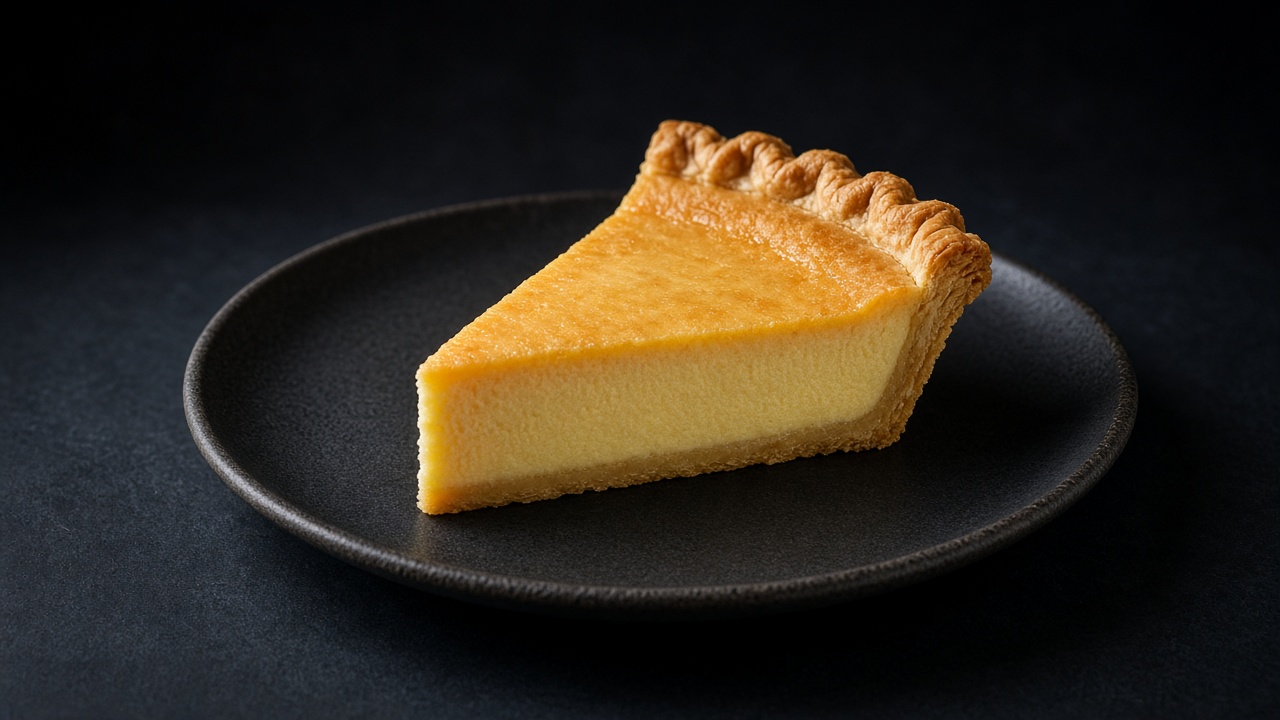 A wedge of smooth pale yellow custard pie dusted with nutmeg, with a fluted golden crust, on a dark plate.