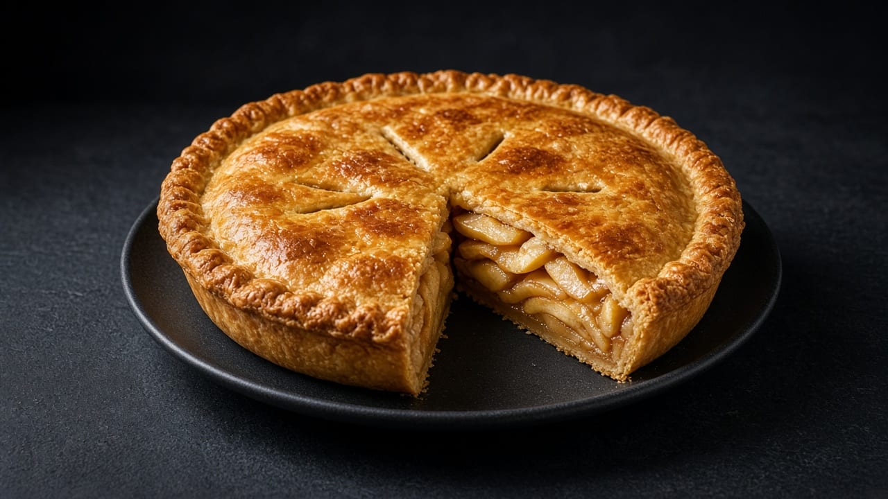 A golden double-crust apple pie with a wedge cut out, showing neat layers of spiced apple slices.