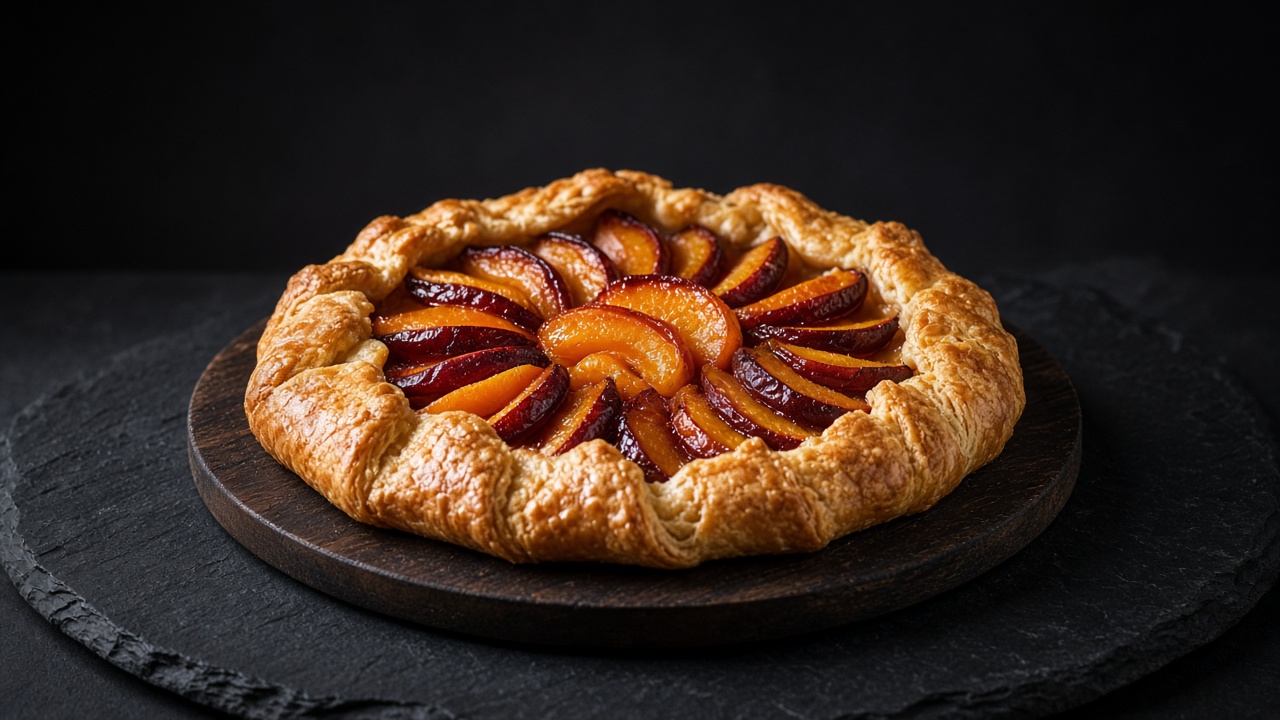 A free-form galette with a pleated golden crust and fanned peach and nectarine slices in the open centre.
