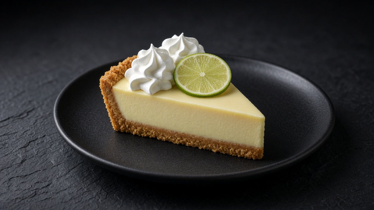 A wedge of pale green-yellow key lime pie on a golden crumb crust, topped with a whipped cream rosette and a lime slice.