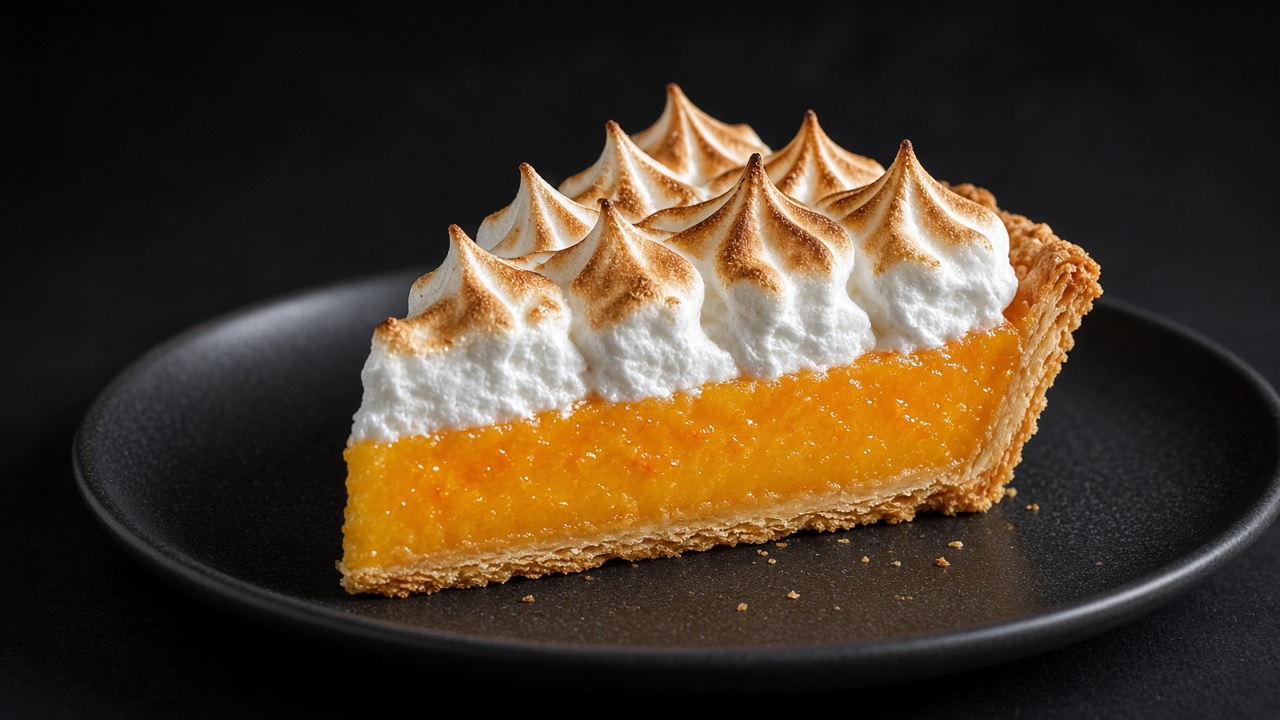 An orange meringue pie with a crimped crust, bright orange curd and tall golden-tipped meringue peaks.