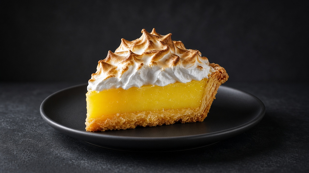 A wedge of lemon meringue pie with a bright yellow filling under tall swirled peaks of golden toasted meringue.