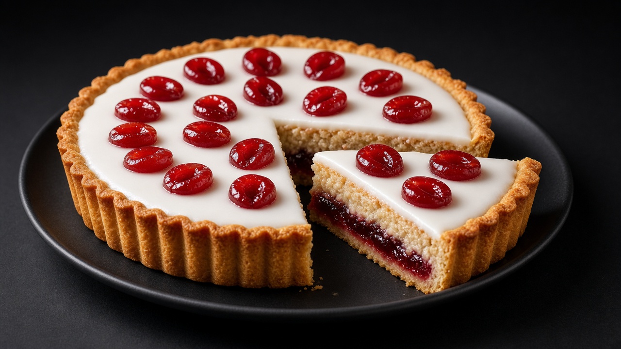 A white-iced cherry Bakewell tart dotted with glacé cherry halves, a slice cut to show the jam and frangipane.