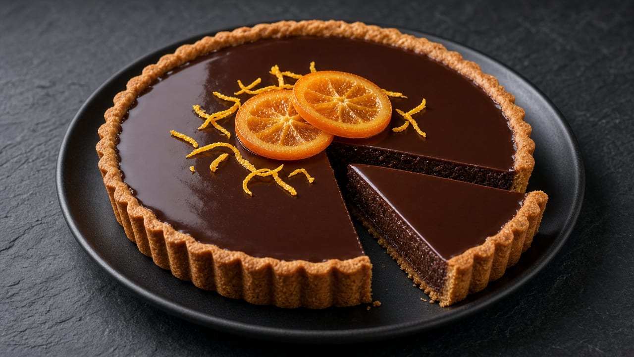 A glossy dark chocolate tart topped with candied orange slices and strands of zest, one slice cut out.