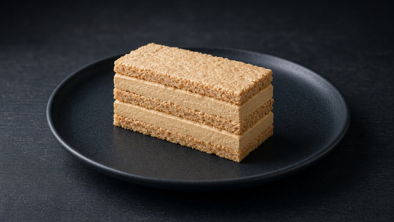 A slice of dacquoise showing three crisp nut meringue layers with two layers of pale coffee buttercream between them.