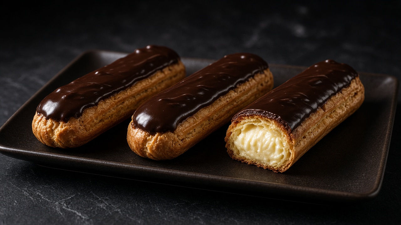 Three chocolate-glazed éclairs on a dark tray, one cut open to show the pale vanilla cream inside.