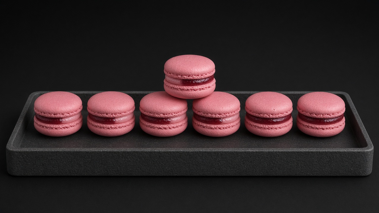 A row of pink raspberry macarons filled with pink buttercream on a black tray, one stacked on top.
