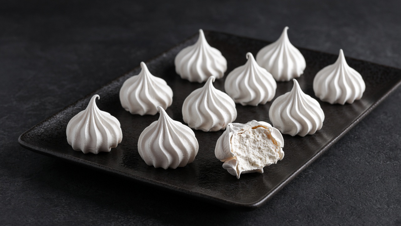 Rows of white piped meringue kisses on a dark tray, one broken open to show its crisp inside.