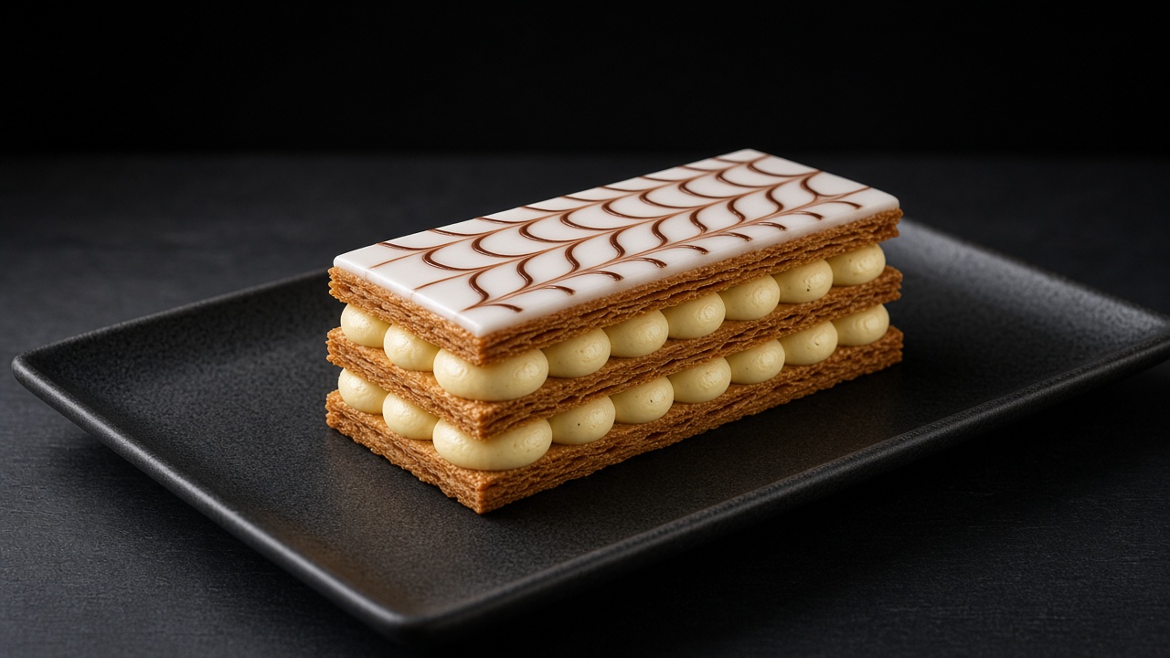 A layered mille-feuille with crisp puff pastry, piped vanilla cream and white icing feathered with chocolate.