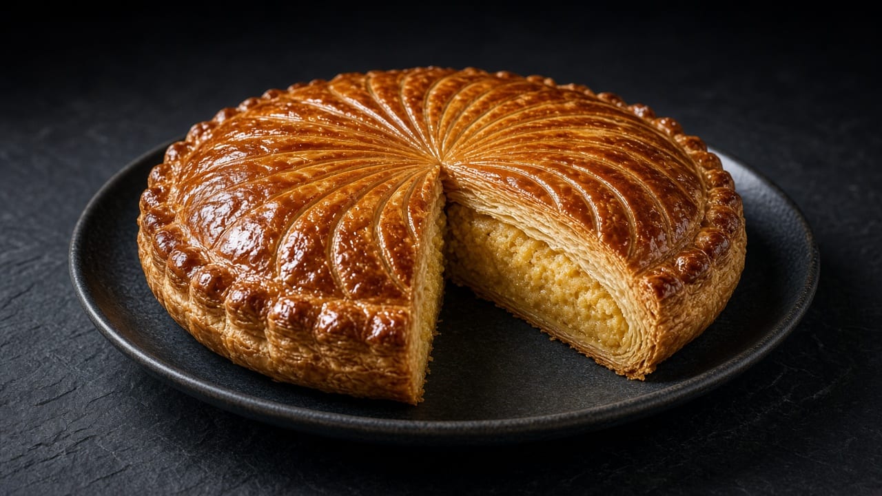 A domed, deep golden pithivier with curved scored lines and a scalloped edge, one wedge cut away to show the almond filling.