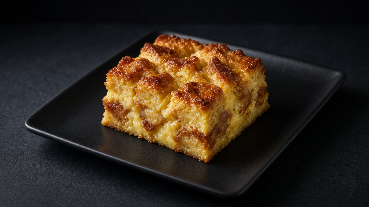 A tall square of golden bread pudding with crisp, caramelised bread cubes on top, on a dark square plate.