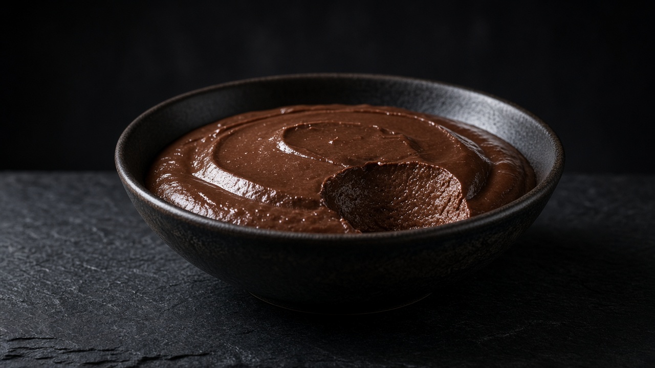 A dark bowl of glossy, smooth dark chocolate pudding swirled with a spoon.