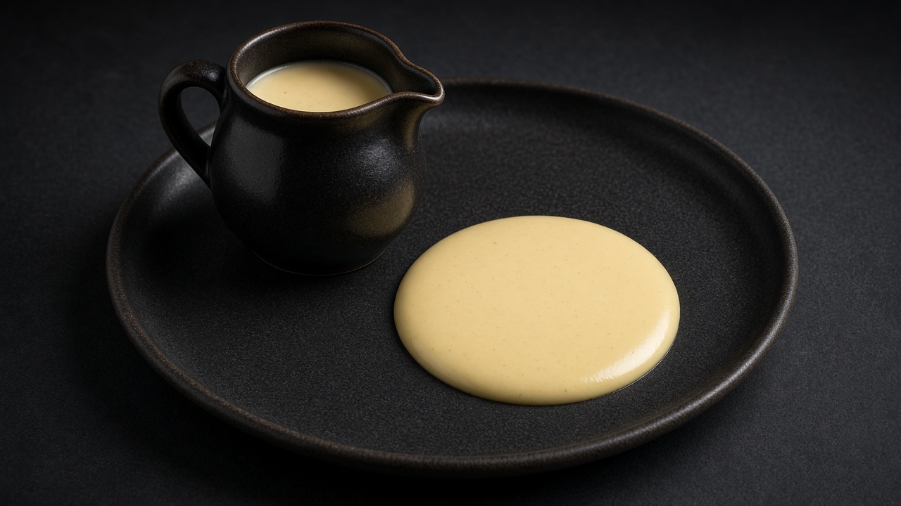 A small jug of crème anglaise beside a pool of the pale custard sauce on a dark plate.