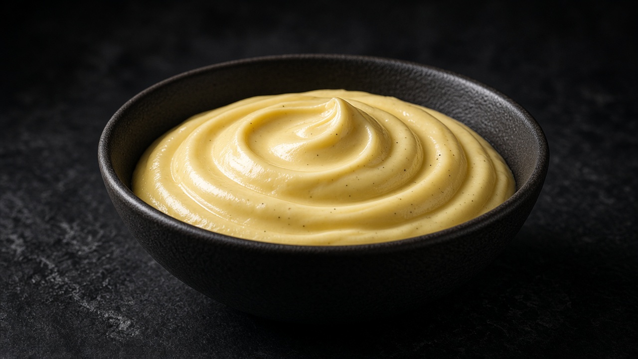 A dark bowl of thick, pale yellow vanilla pastry cream piped in a soft swirl.