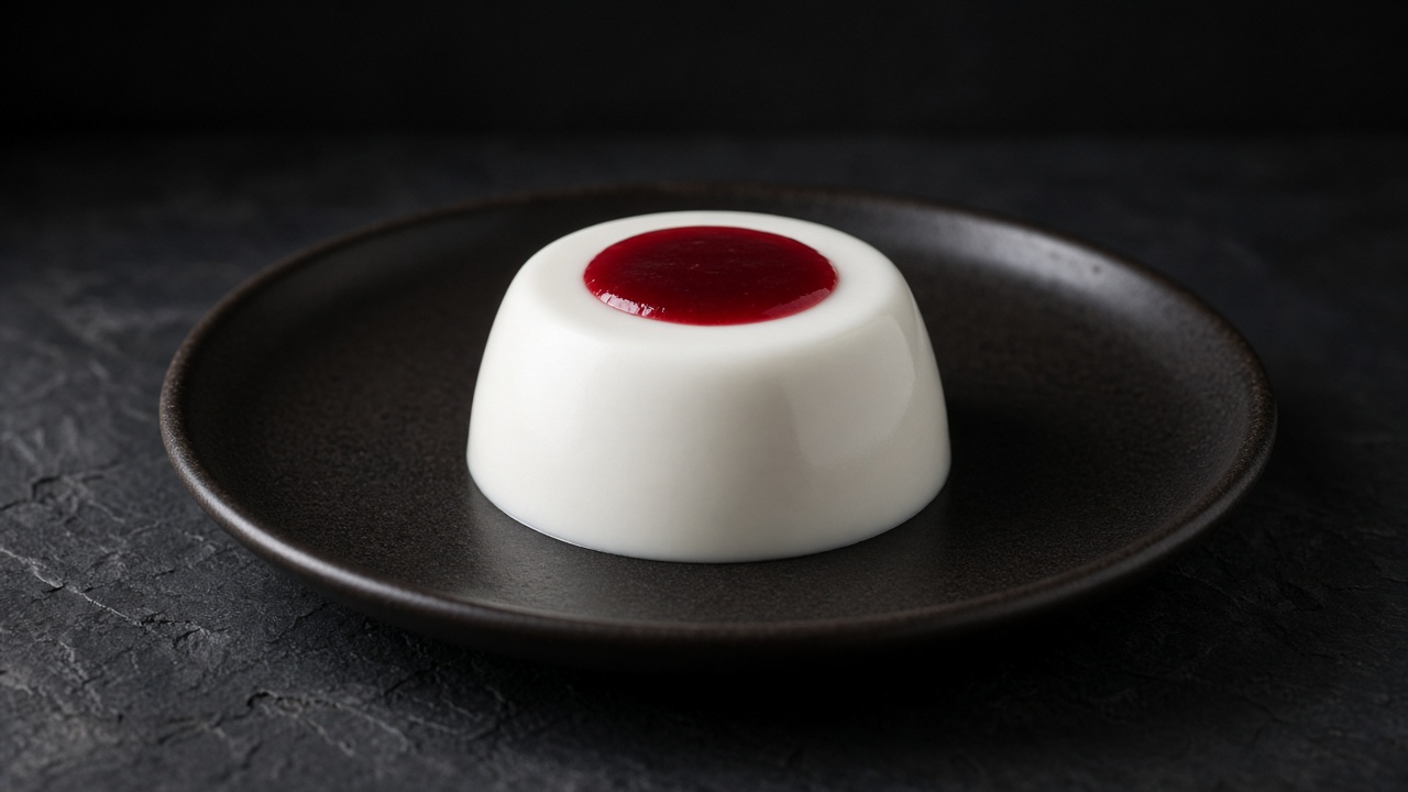 A white vanilla panna cotta turned out on a dark plate, topped with a spoonful of red raspberry sauce.