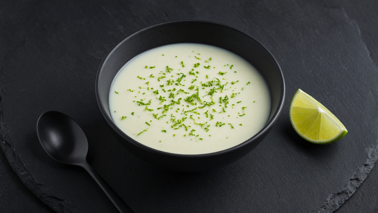 A pale lime posset sprinkled with green lime zest, with a lime wedge beside the bowl.