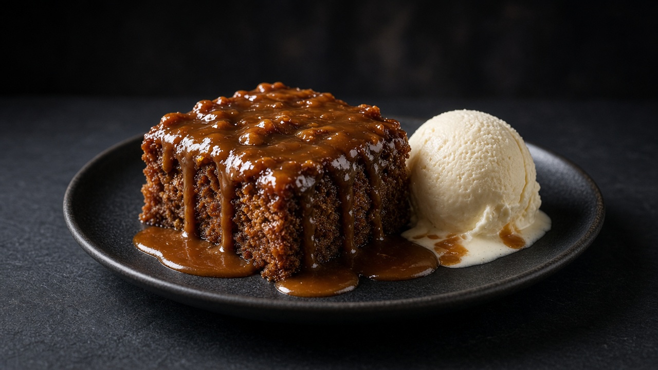 A square of moist date sponge soaked in glossy toffee sauce, served with a scoop of vanilla ice cream.