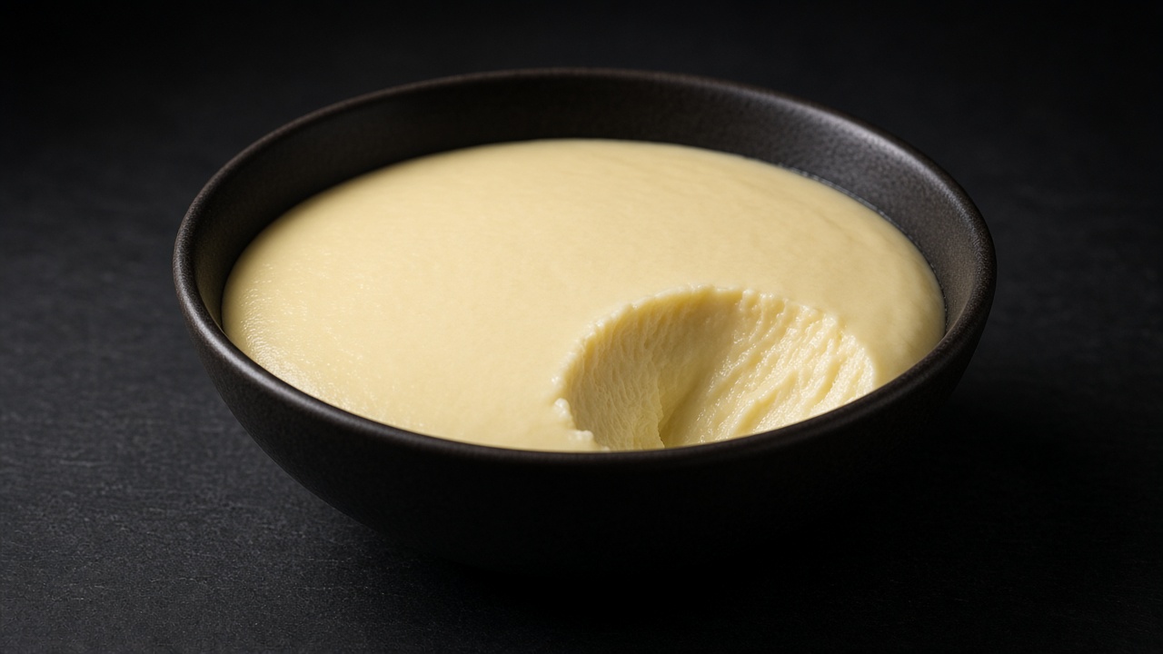 A dark bowl of pale yellow vanilla pudding with a spoonful scooped out.