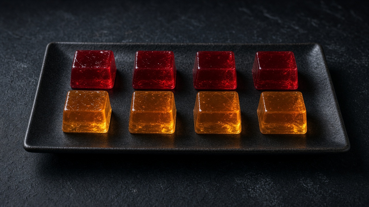 Rows of red and orange jelly cubes.
