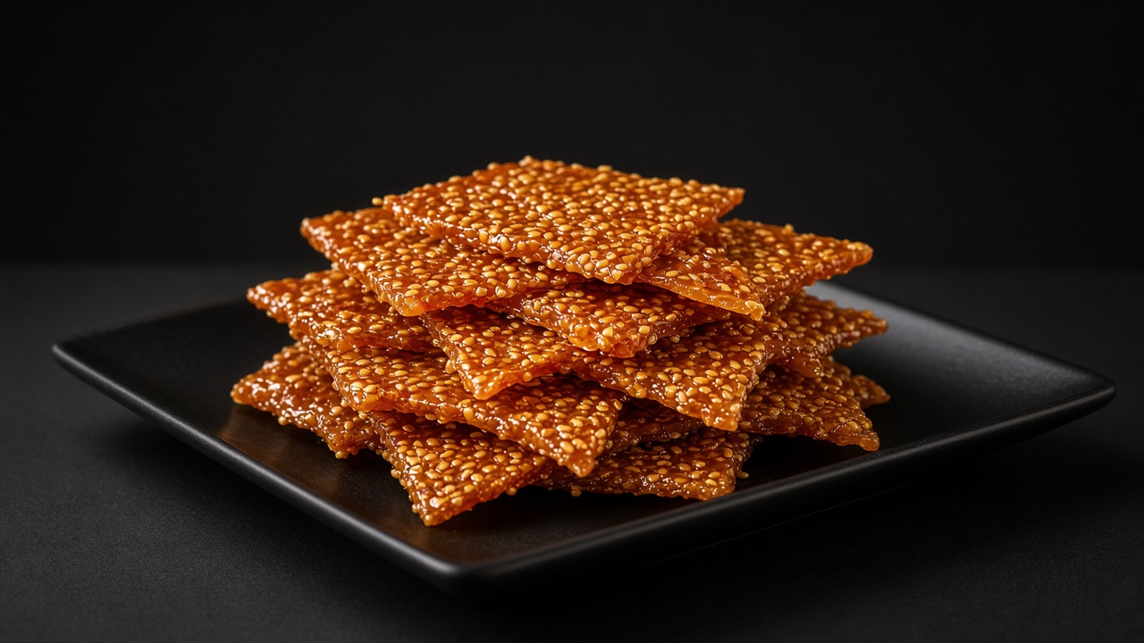 A stack of thin golden sesame brittle squares on a black plate.