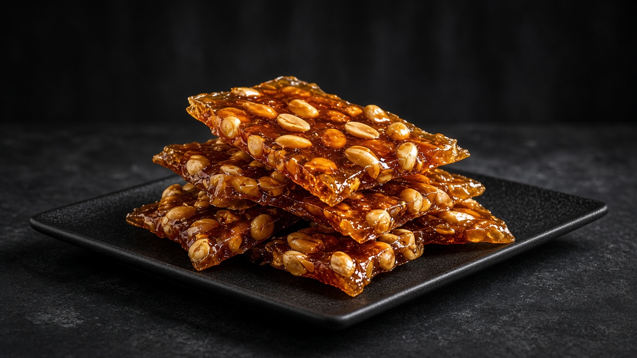 Shards of amber peanut brittle stacked on a black plate.