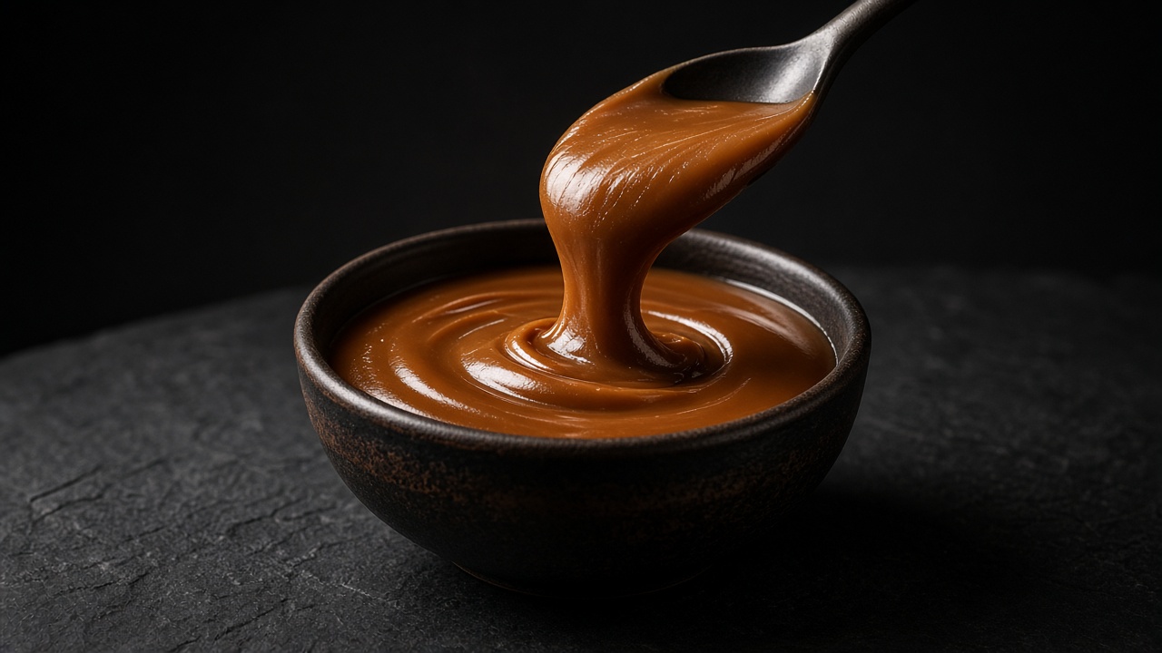 A spoon lifting thick, glossy caramel-brown dulce de leche from a dark bowl.