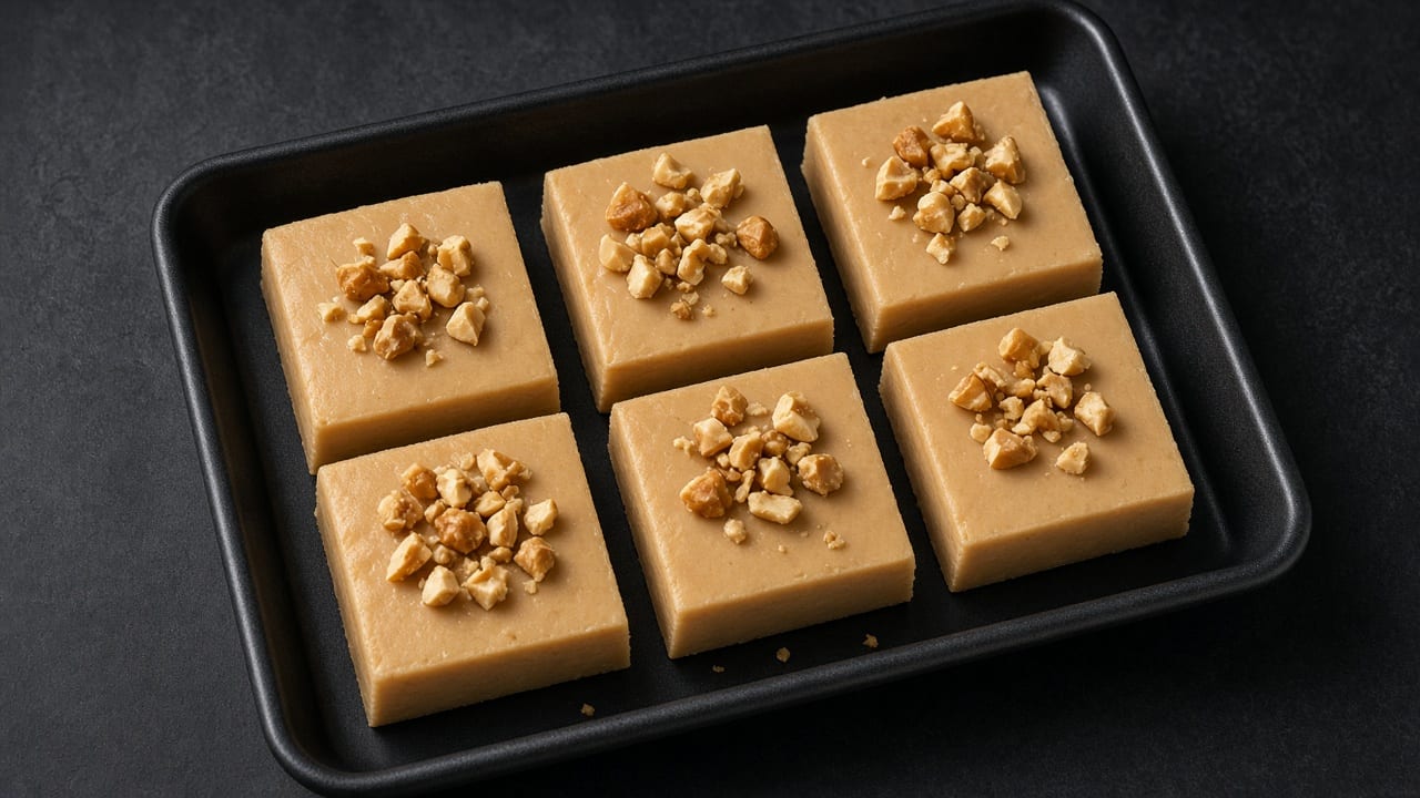 Pale peanut butter fudge squares, each topped with chopped peanuts, on a dark tray.