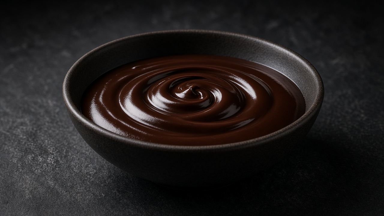 A dark bowl of glossy, swirled dark chocolate ganache.